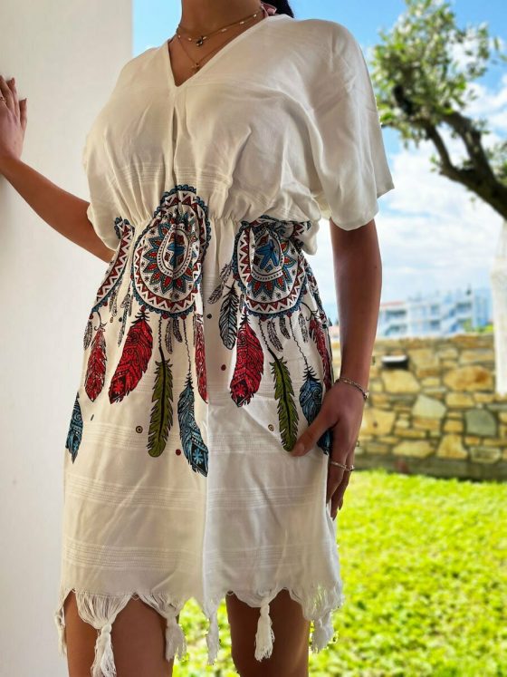 NODO Γυναικείο Φόρεμα Θαλάσσης με Φουντάκια και Σχέδια Dreamcatcher