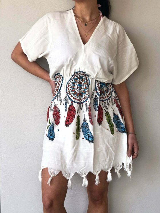 NODO Γυναικείο Φόρεμα Θαλάσσης με Φουντάκια και Σχέδια Dreamcatcher