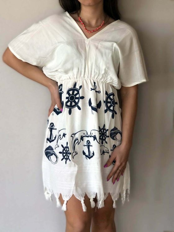 NODO Γυναικείο Φόρεμα Θαλάσσης με Φουντάκια και Σχέδια Marine Theme