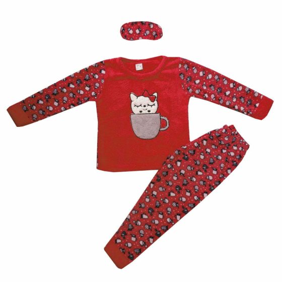TIWI NIGHT Παιδική Μακρυμάνικη Πιτζάμα Fleece με Σχέδιο Cat in a Cup με Μάσκα Ύπνου