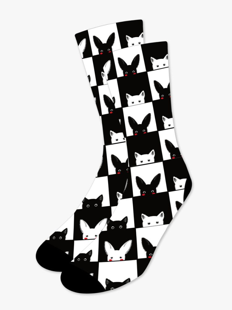 Κάλτσα Τυπωμένη με Σχέδια Cat Black & White NODO